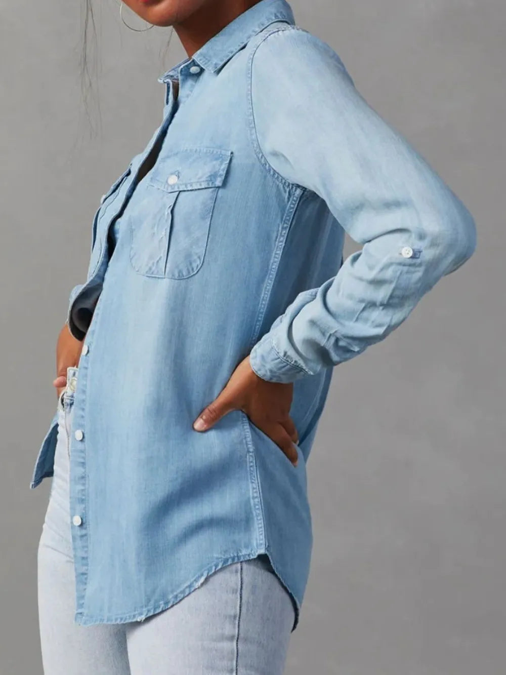 Collared Neck Roll-Tab Sleeve Womens Denim Shirt