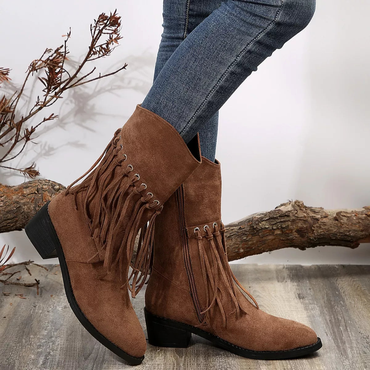 Fringe Western Block Heel Boots