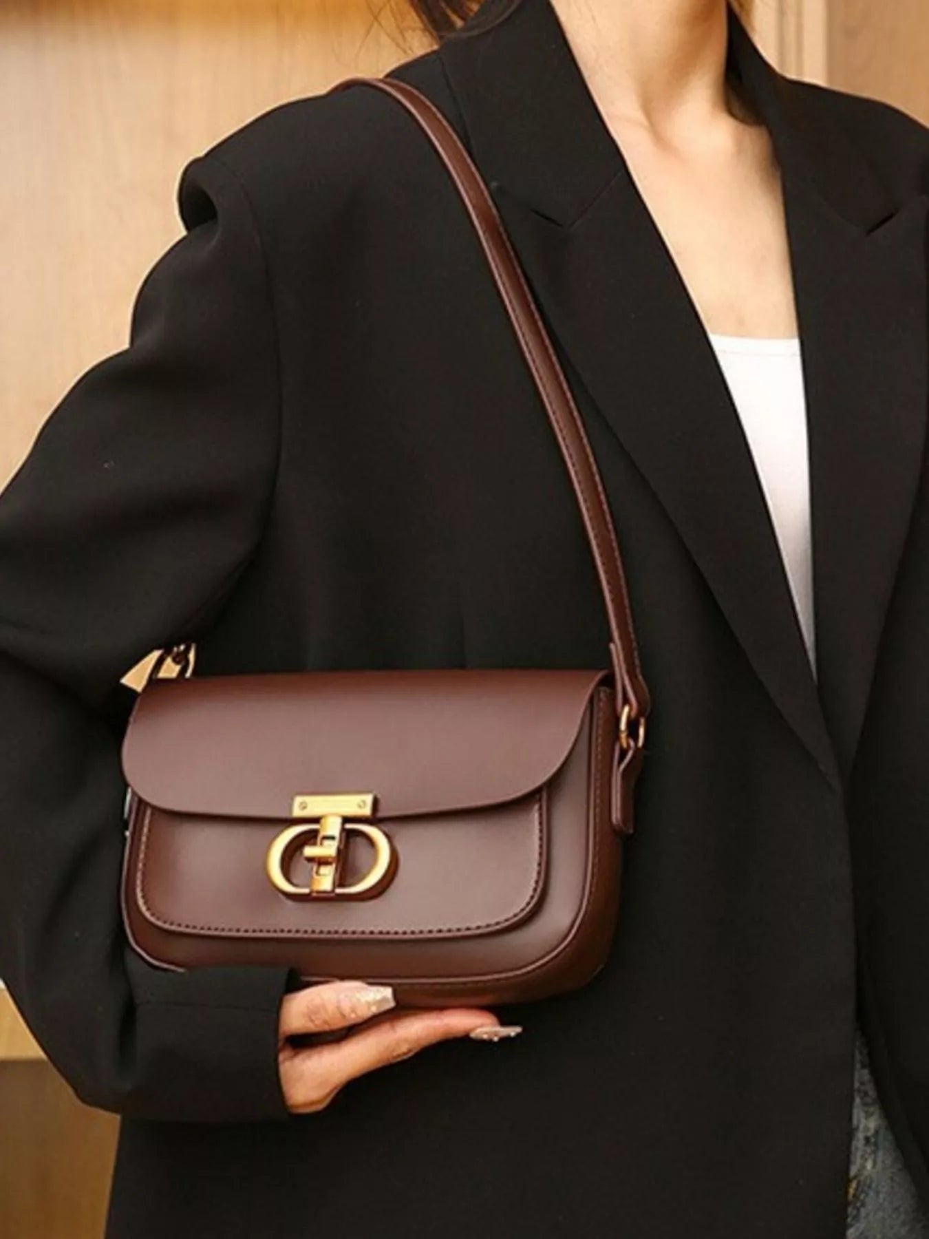 Classic Gold Lock Leather Flap Shoulder Bag