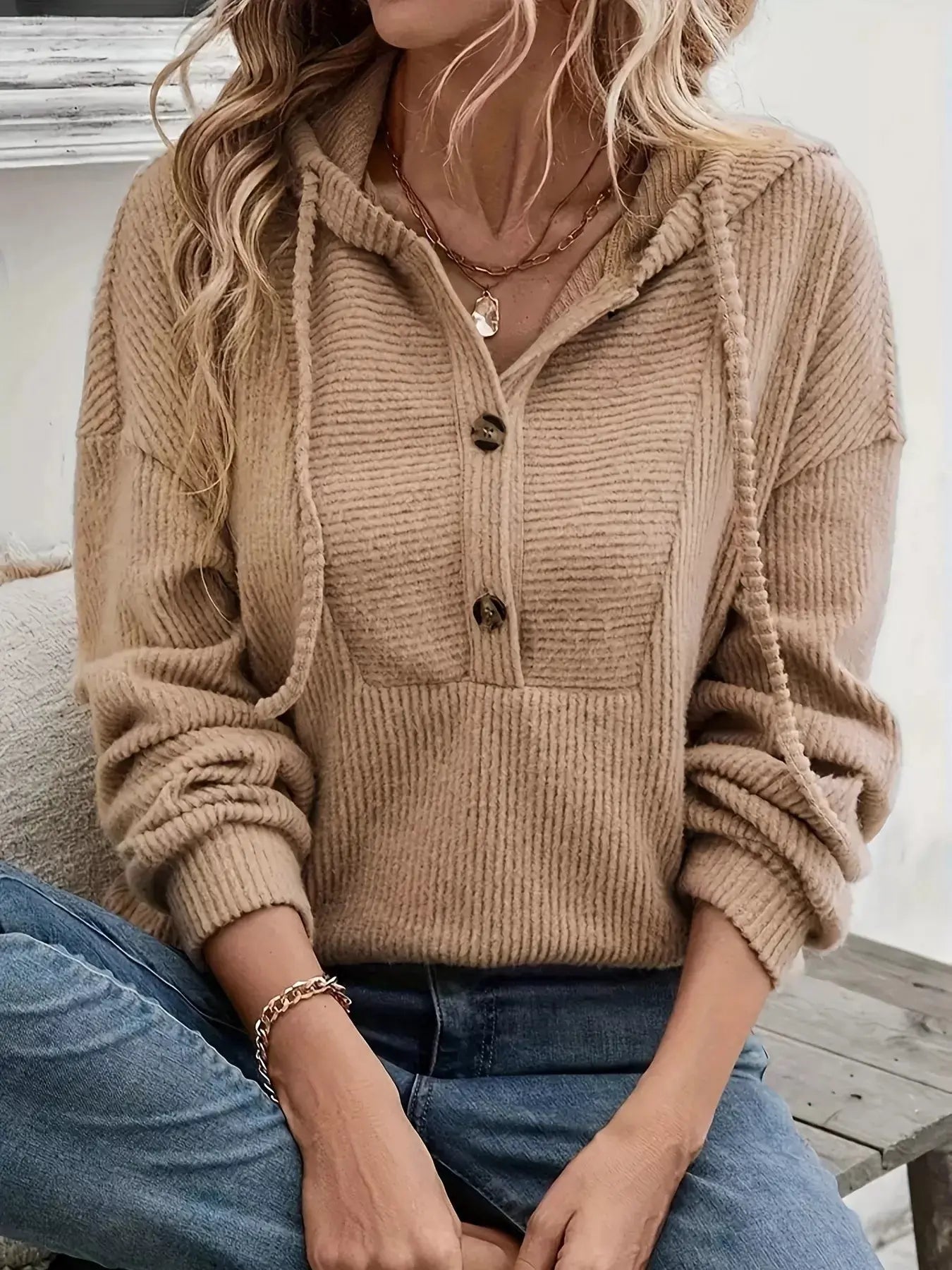 Button Front Drawstring Hoodie