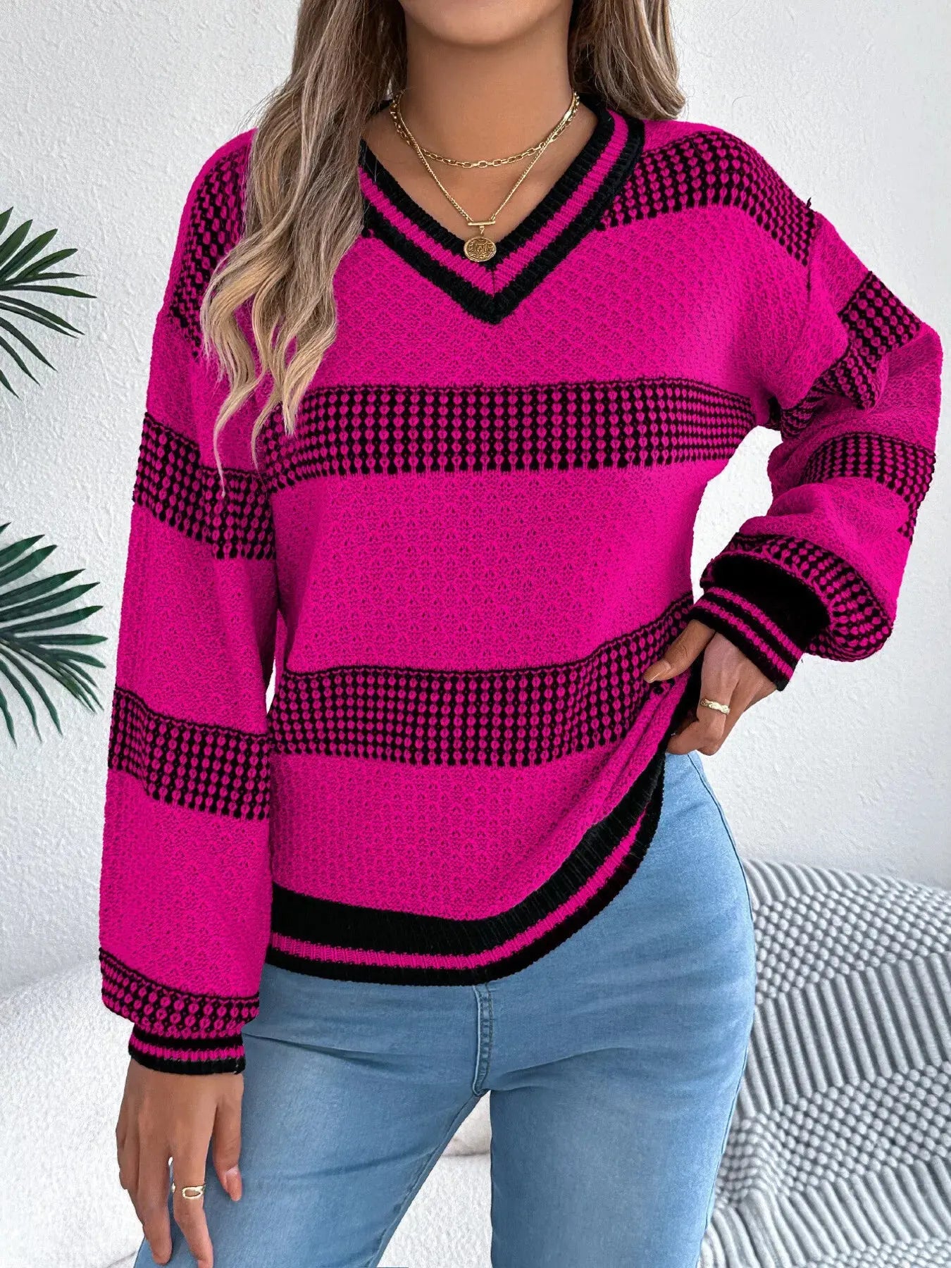 Contrast Striped V Neck Sweater