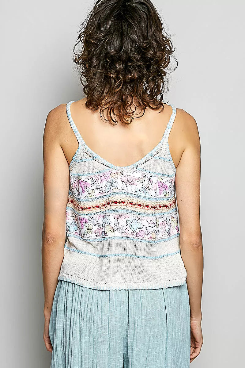 Printed Buttoned Cami with Trim Detail, Blanket Stitch
