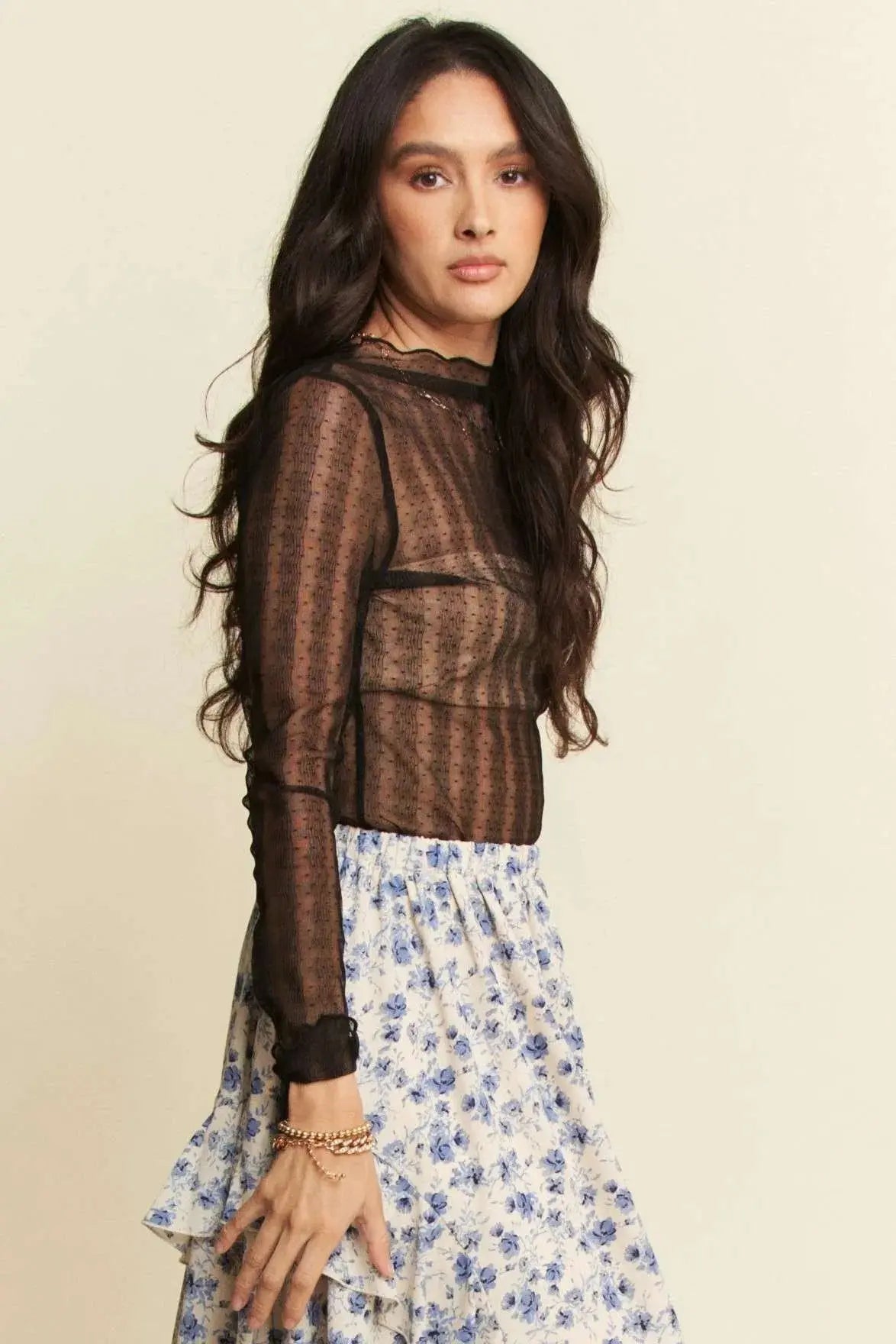 Trendsi Strappy Lingerie Mesh Top - Lace Turtle Neck