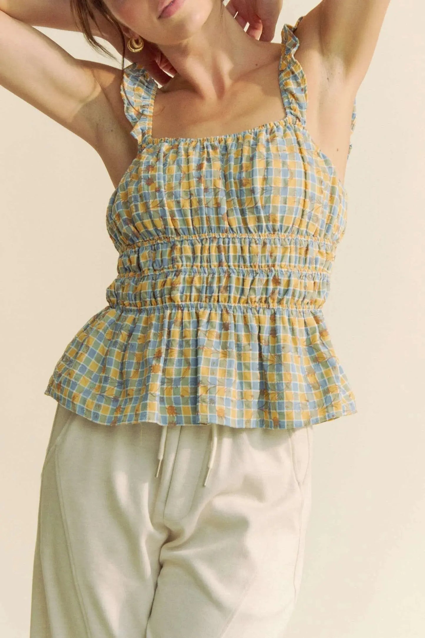 Women's Tank Top Tank Top - Plaid Smocked Ruffle Strap - Cute