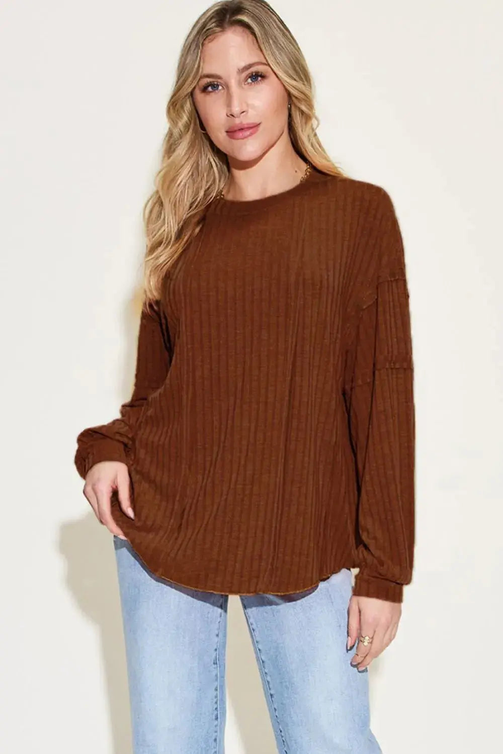 Basic Bae Full Size Round Neck Ribbed Long Sleeve T Shirt