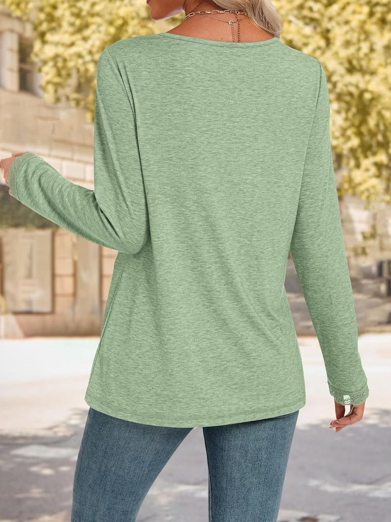 Women's Lace Trim V Neck Long Sleeve Top