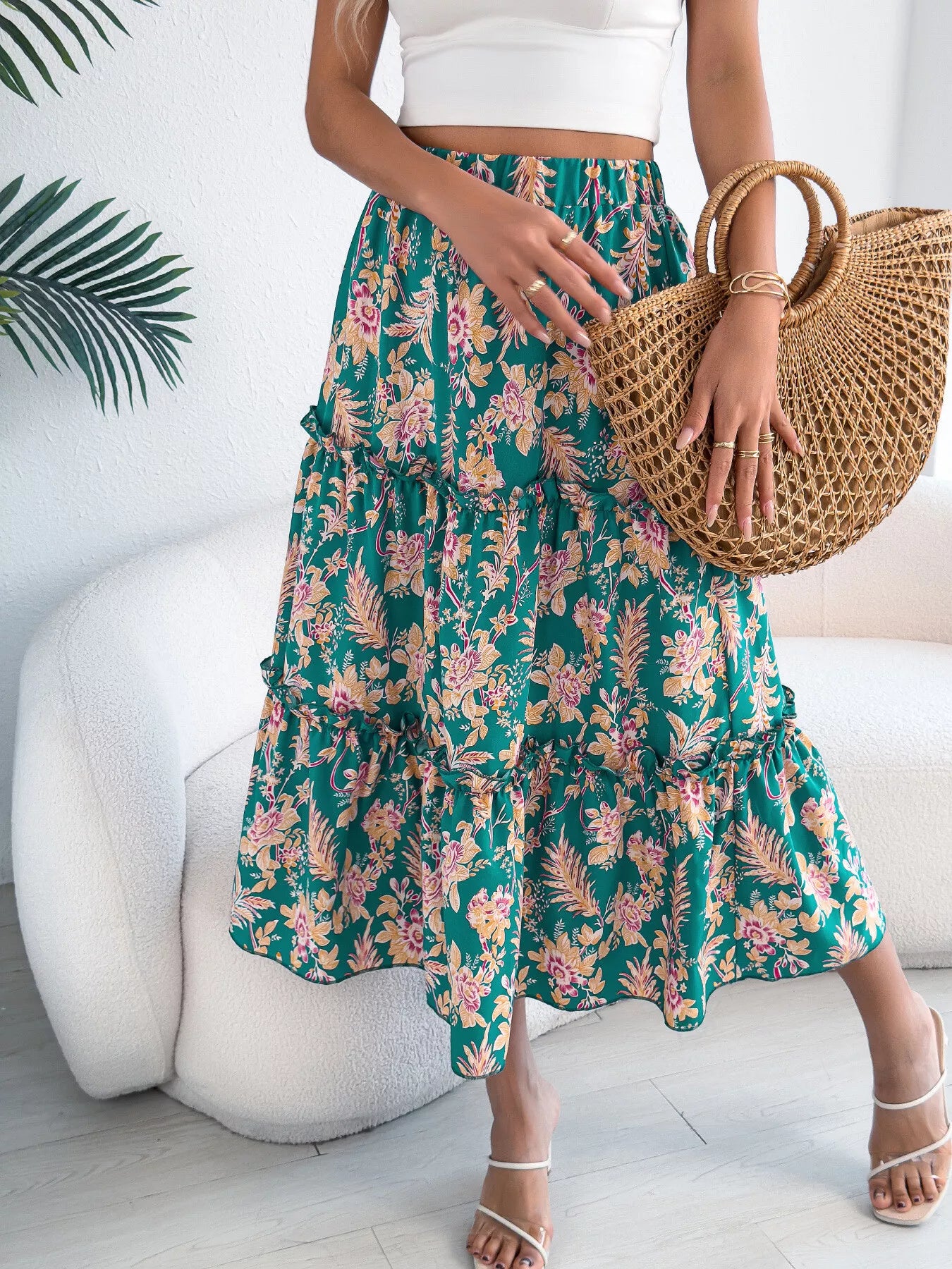 Floral Print Ruffle Hem Flowy Midi Skirt