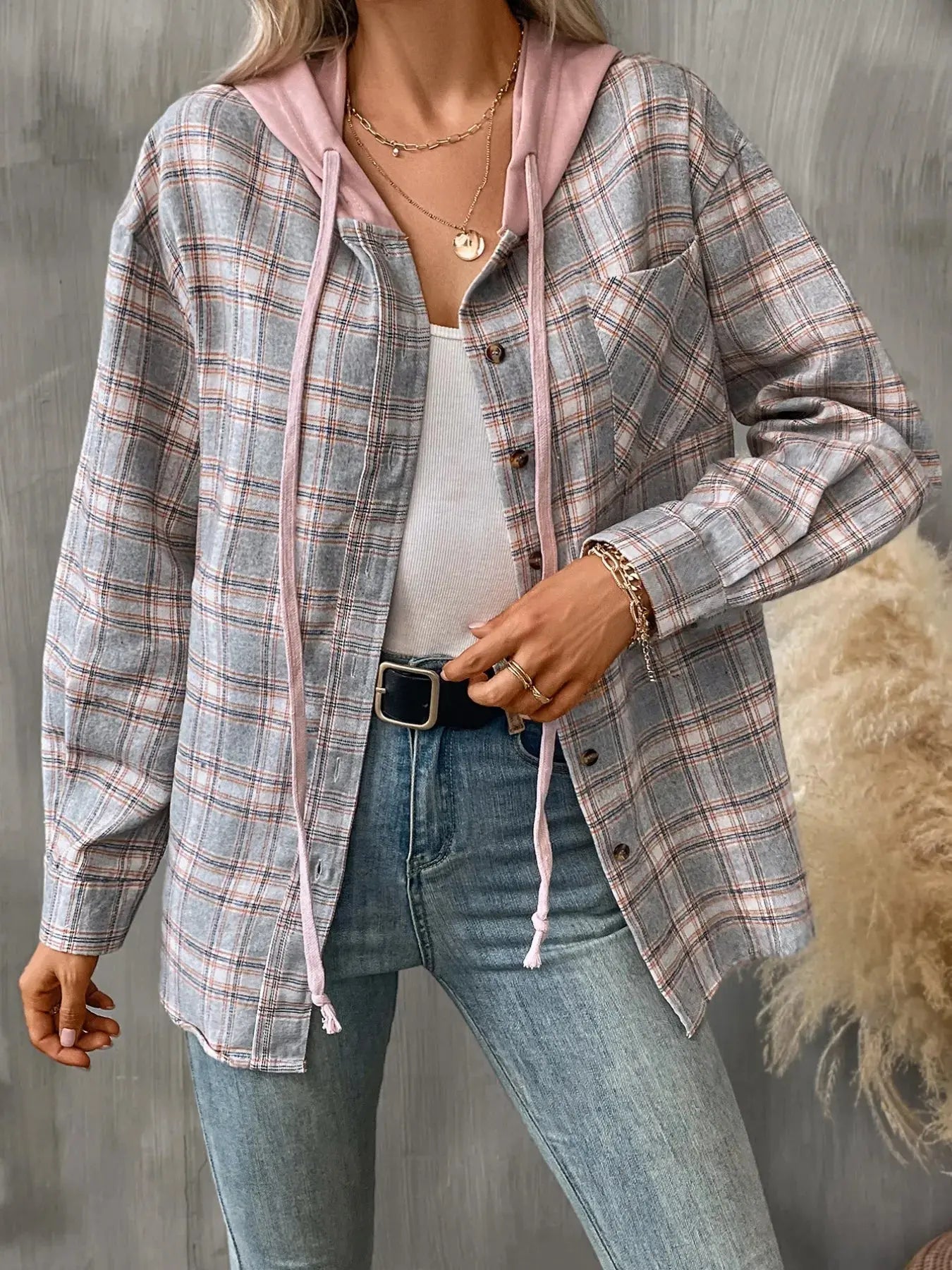 Plaid Button-Up Oversized Hooded Shirt with Chest Pocket