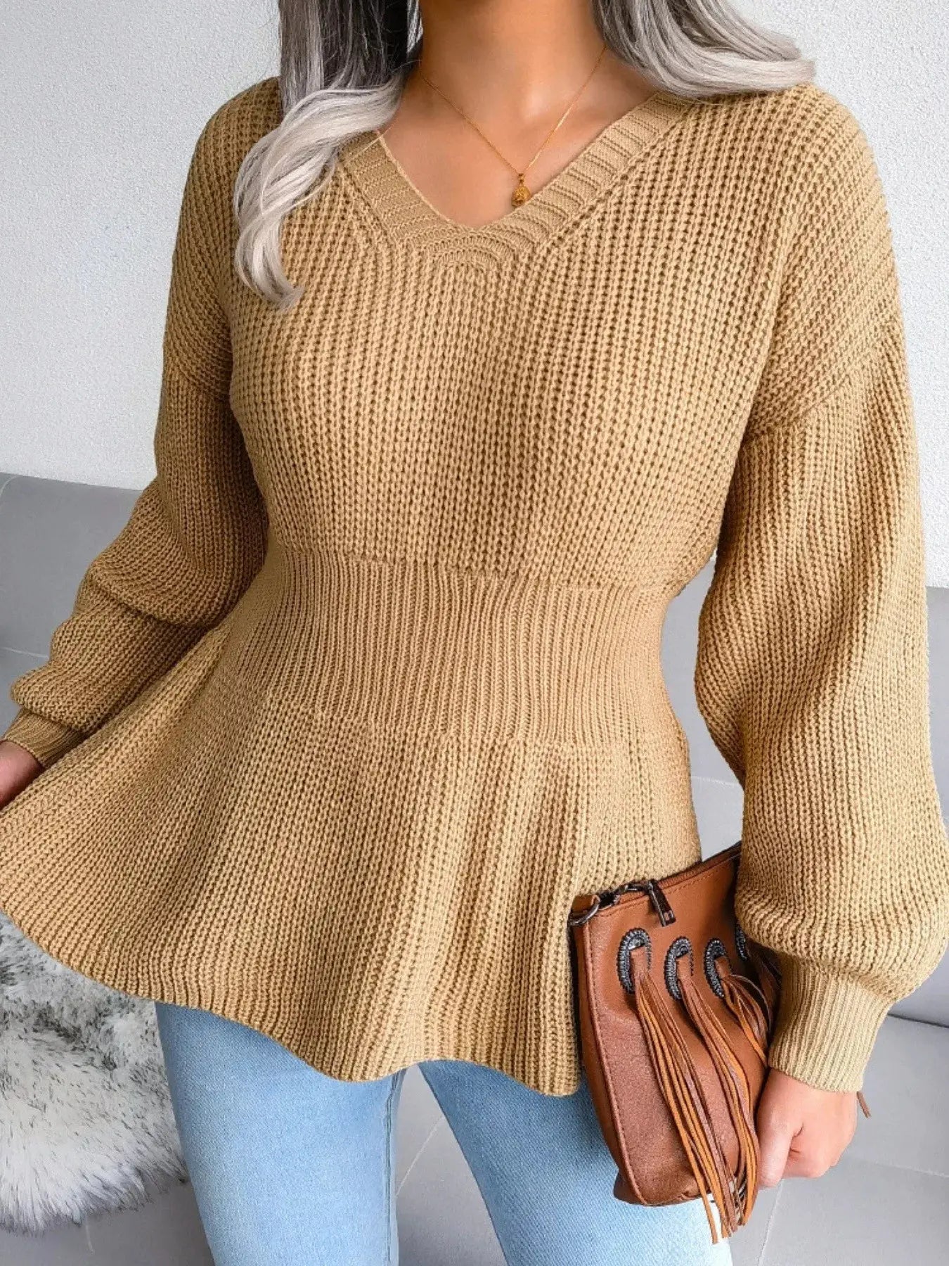 V-Neck Dropped Shoulder Sweater