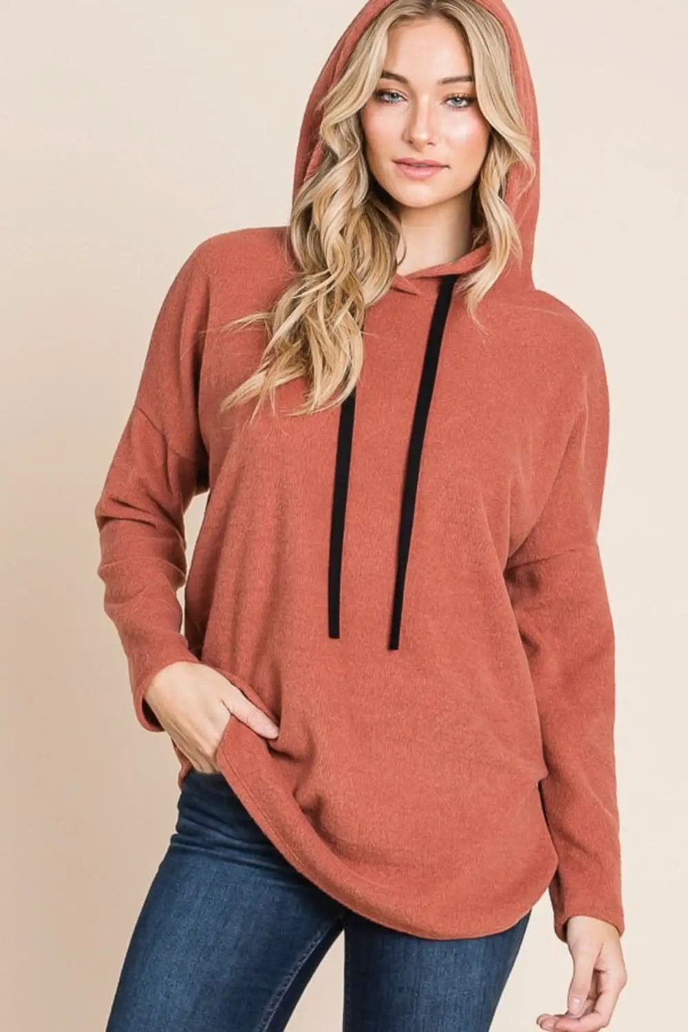 Trendsi Women's Contrast Knit Hoodie With Drop Shoulder — Casual Sweatshirt