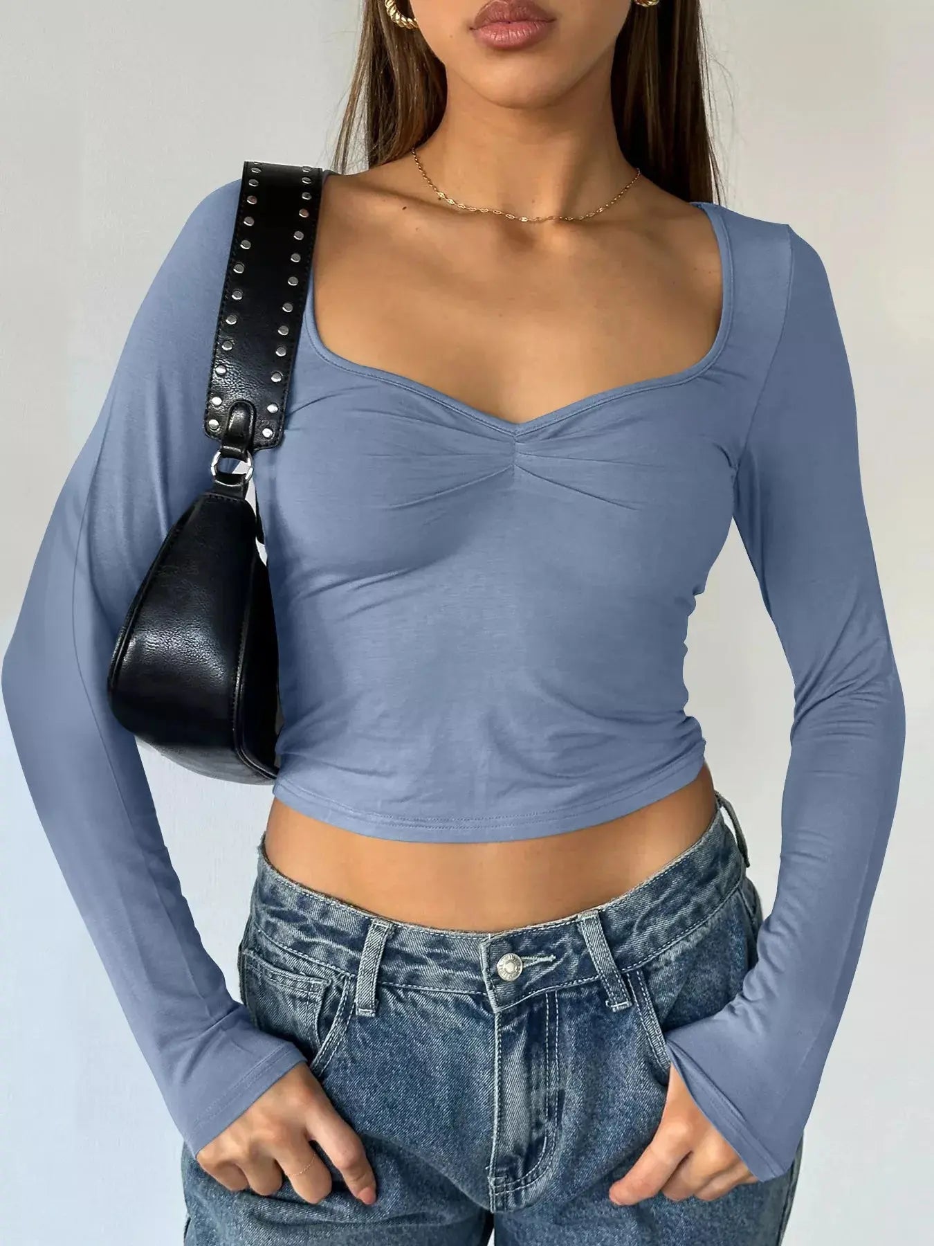 Sweetheart Neck Long Sleeve Crop T Shirt