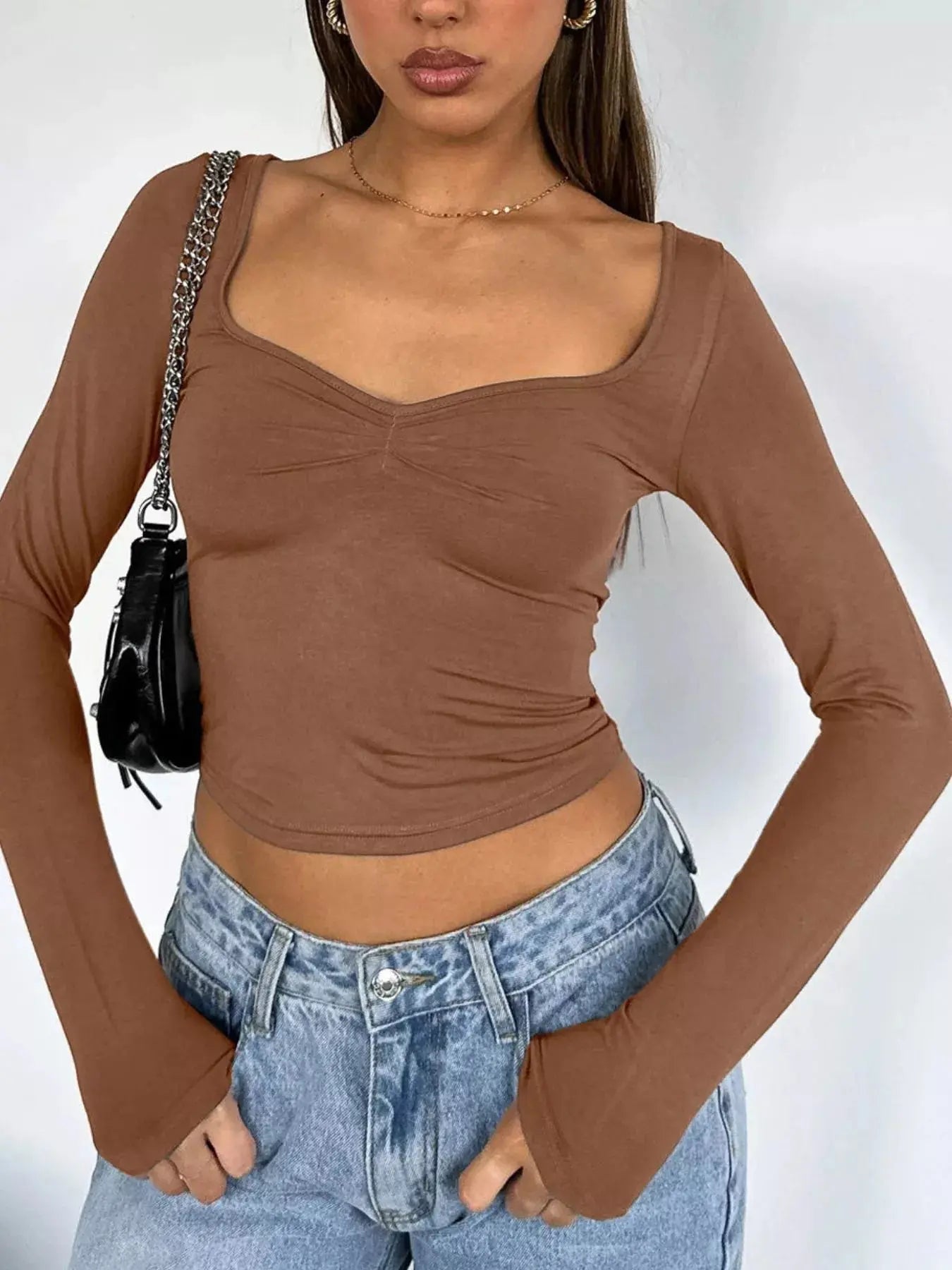 Sweetheart Neck Long Sleeve Crop T Shirt