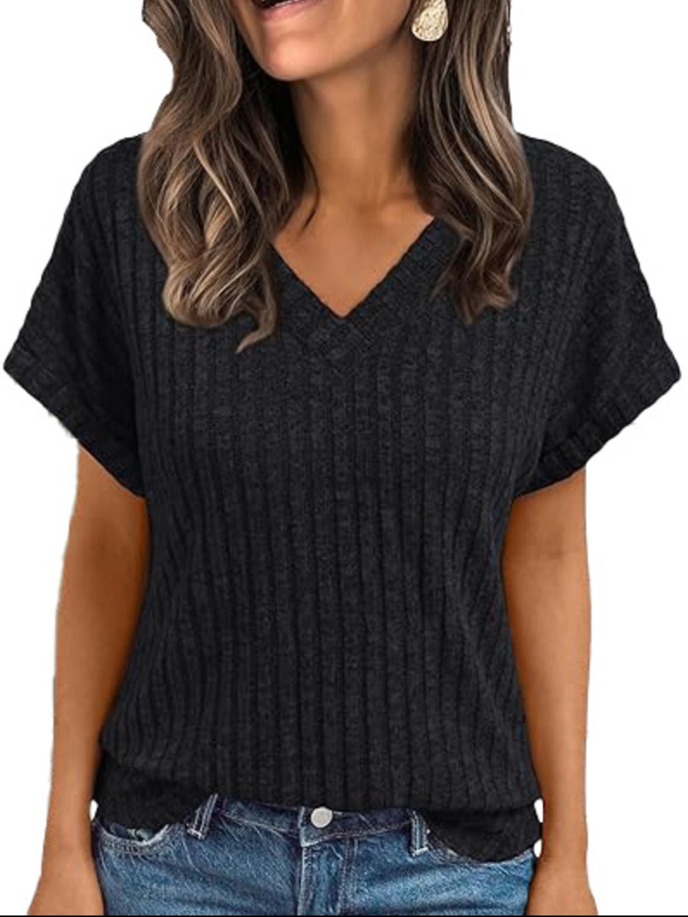 Ribbed Knit V Neck Relaxed Fit T Shirt