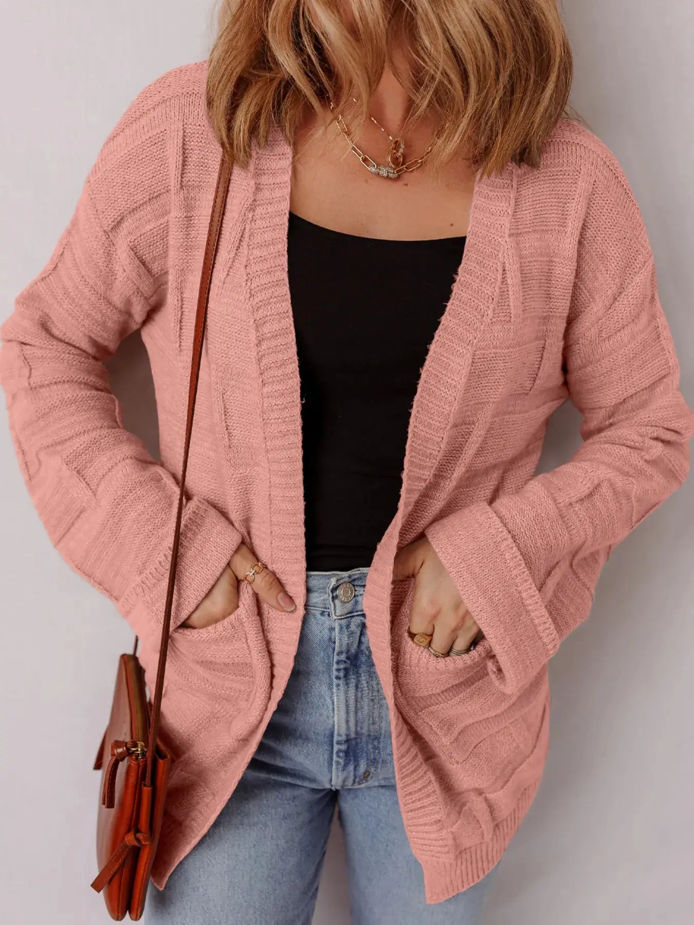 Textured Knit Open Front Cardigan with Pockets