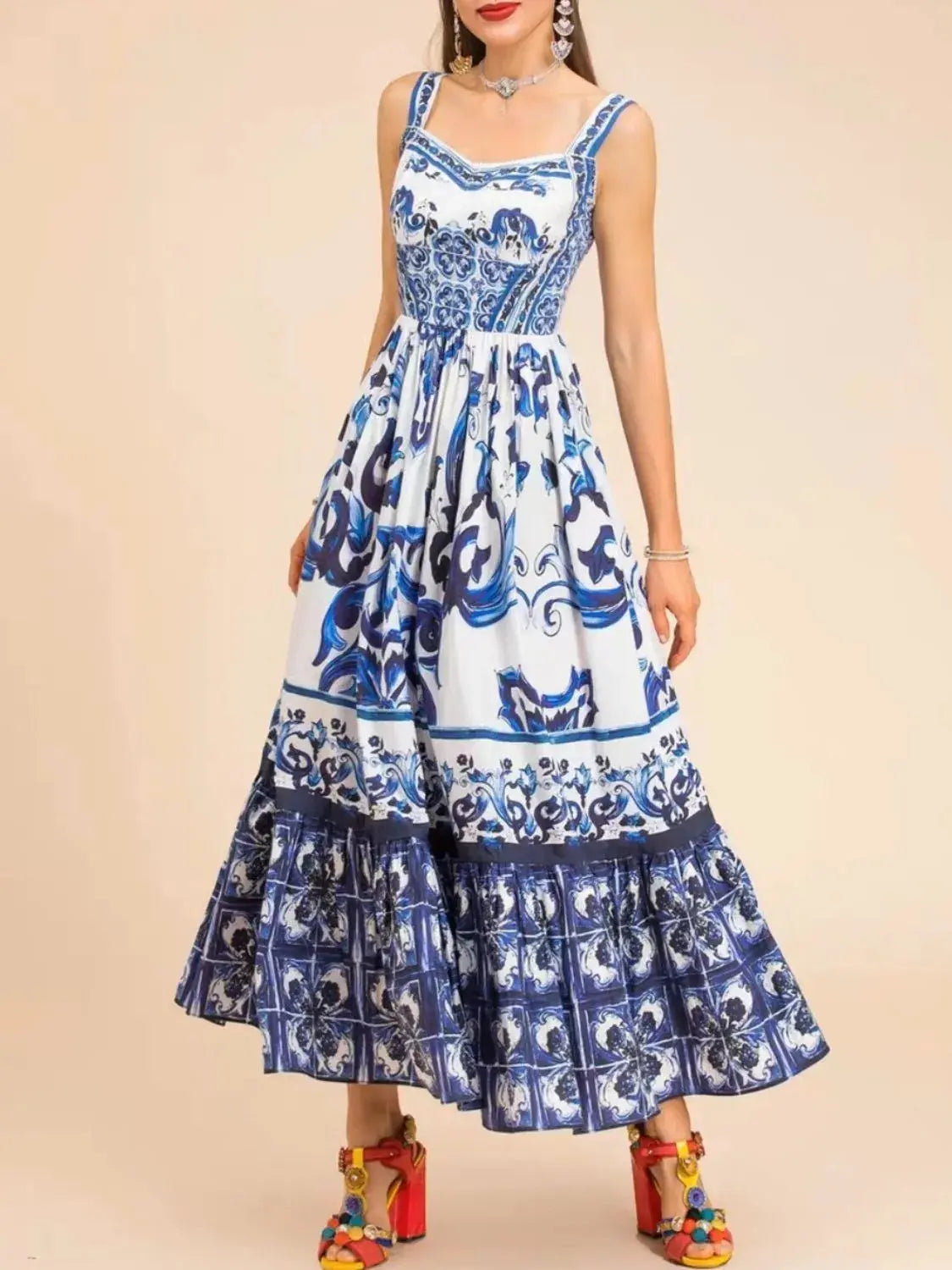 Smocked Blue Tile Print Wide Strap Midi Dress