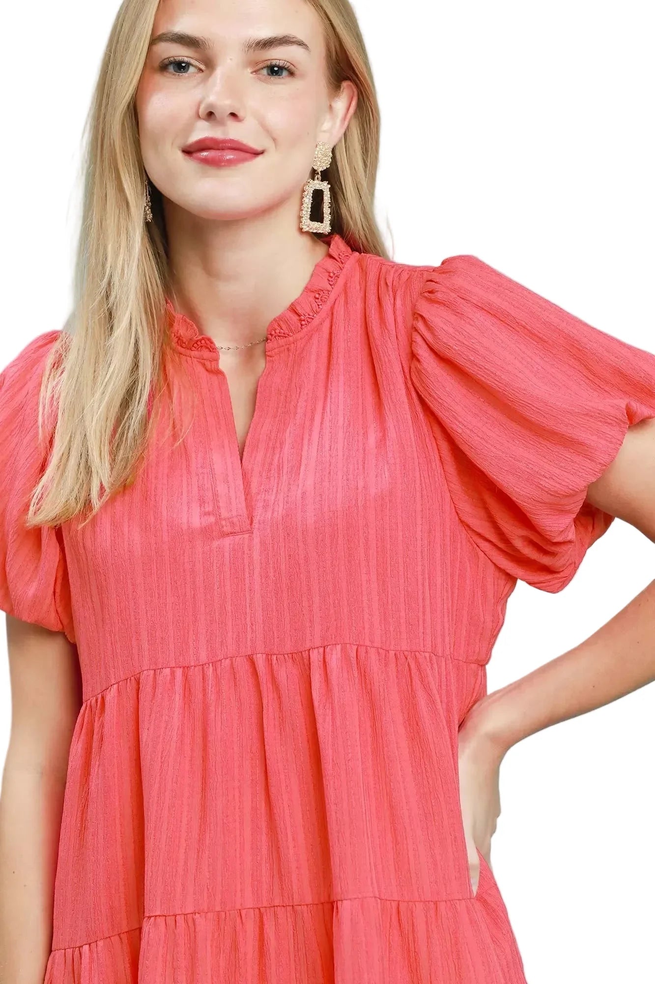 Puff Sleeve Tiered Babydoll Dress in Coral
