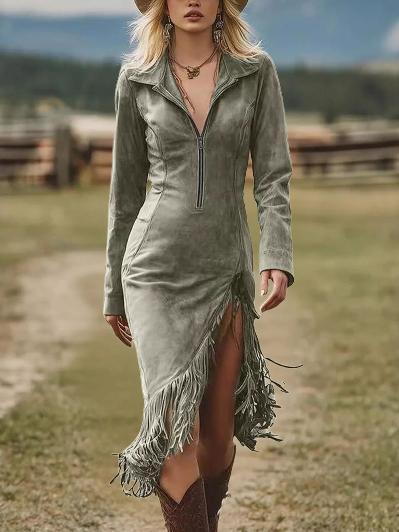 Fringe Hem Zip Front Bodycon Dress