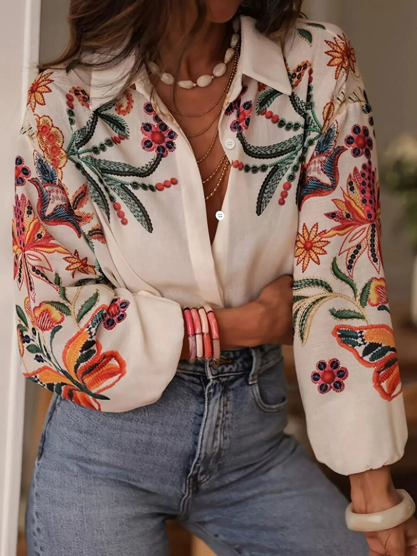 Embroidered Floral Button Up Long Sleeve Shirt