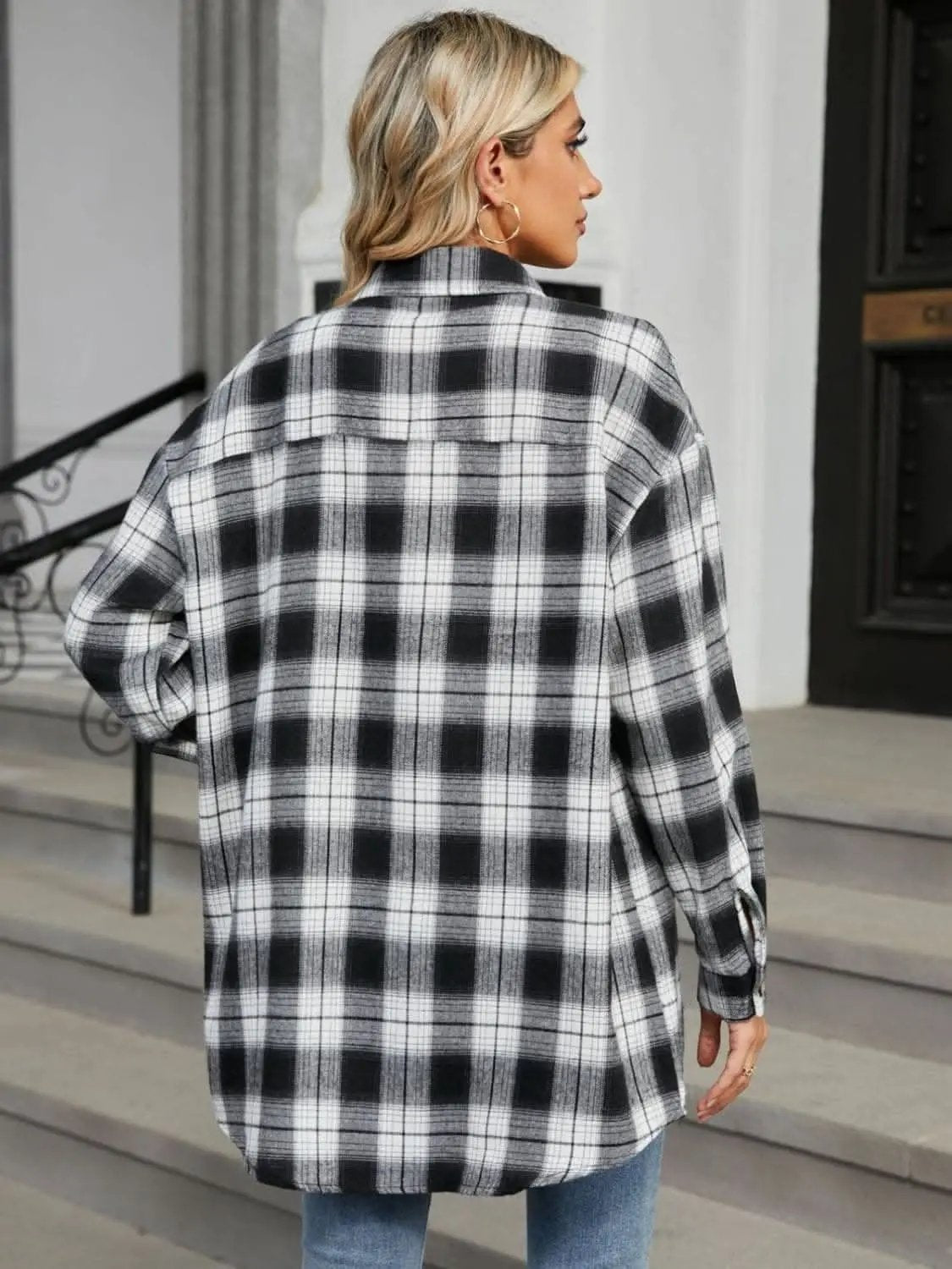 Trendsi Plaid Collared Shirt Long Sleeve — Casual Dusty Pink