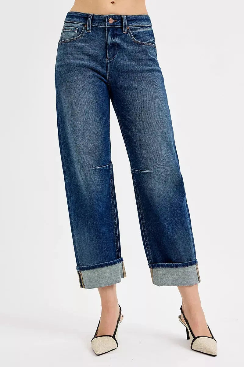 RISEN Jeans - Slouchy Crop Barrel Cuffed Jeans in Dark Wash