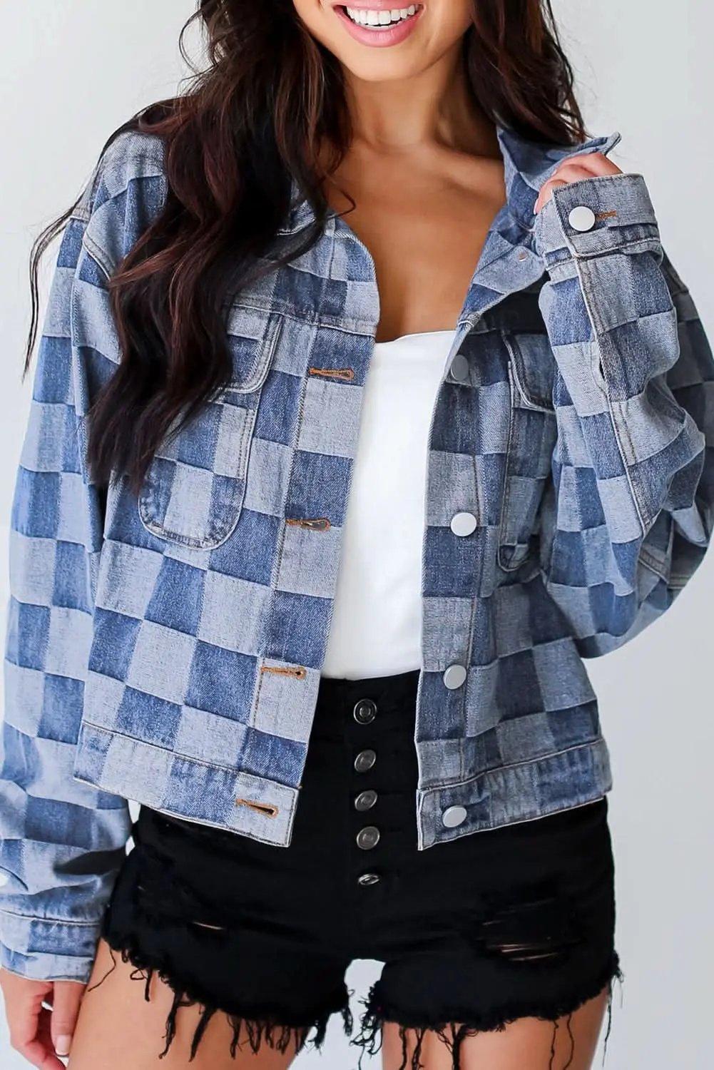 Jackets Love Salve Denim Jacket Women's Daily Wear Checkered Patchwork Button-Up Casual Spring