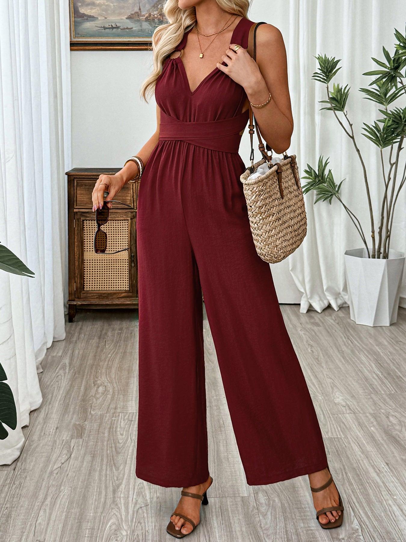 V Neck Sleeveless Wide Leg Jumpsuit