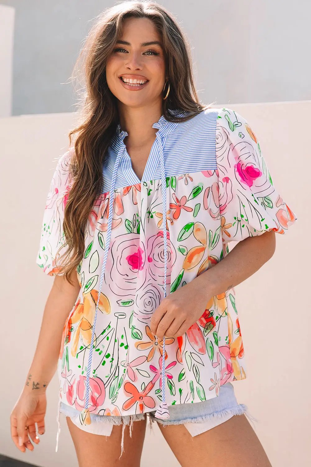 Blouse - Floral Stripe Puff Sleeve Frill Neck - Daily Wear