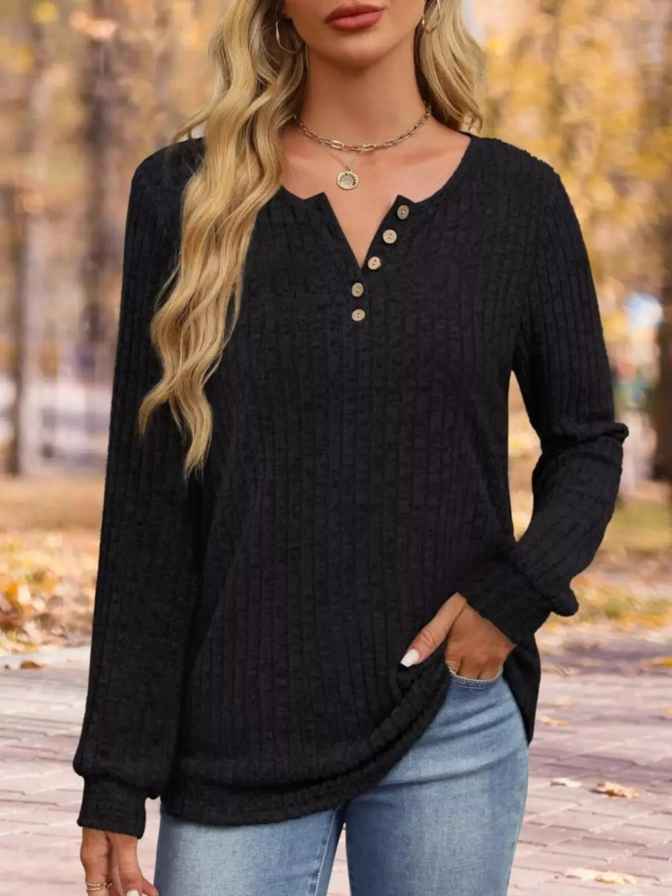Ribbed Knit Button Front Long Sleeve T Shirt