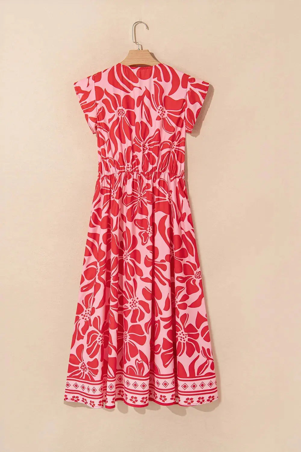 Floral Ruffled V Neck Midi Dress with Button Front
