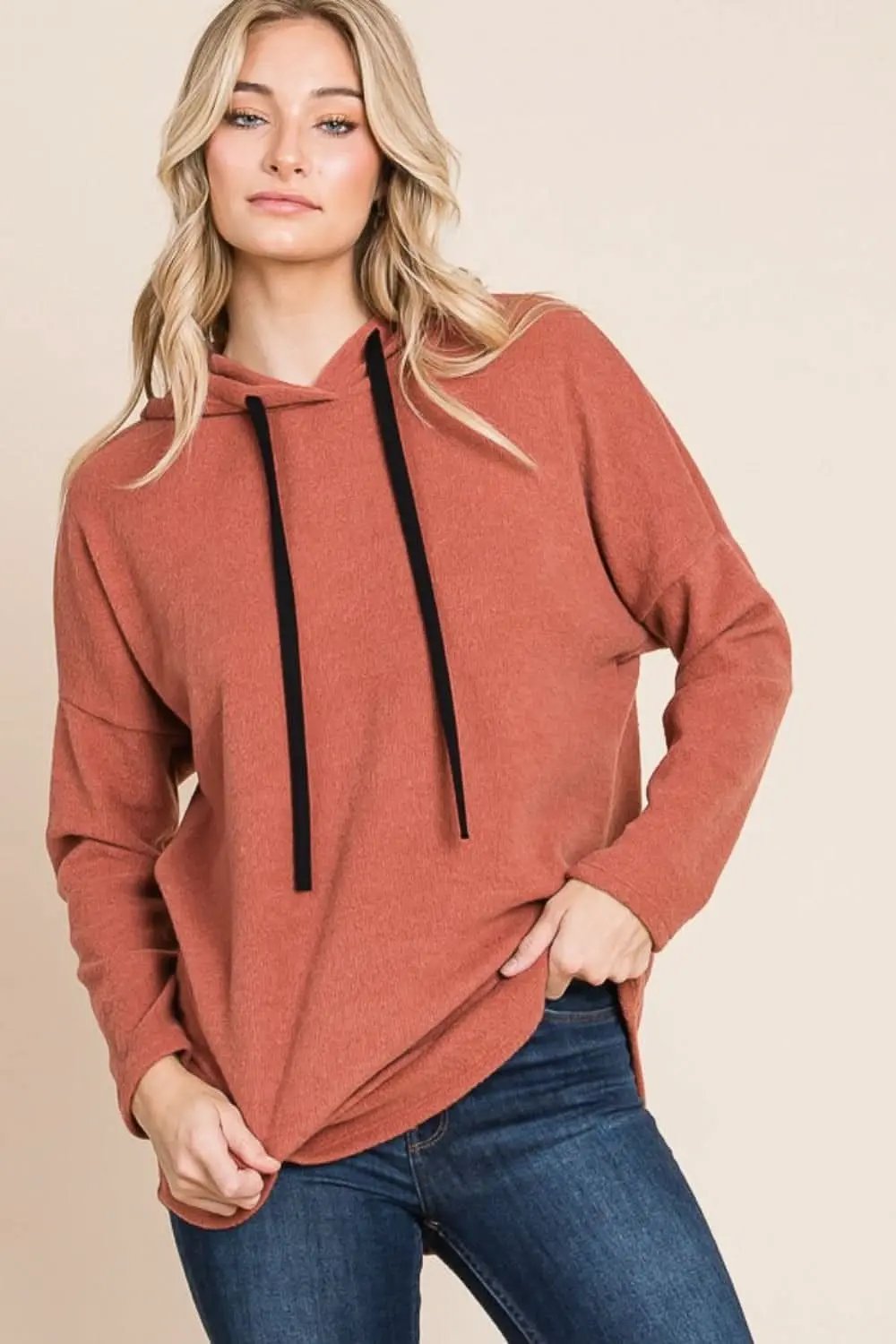 Trendsi Women's Contrast Knit Hoodie With Drop Shoulder — Casual Sweatshirt