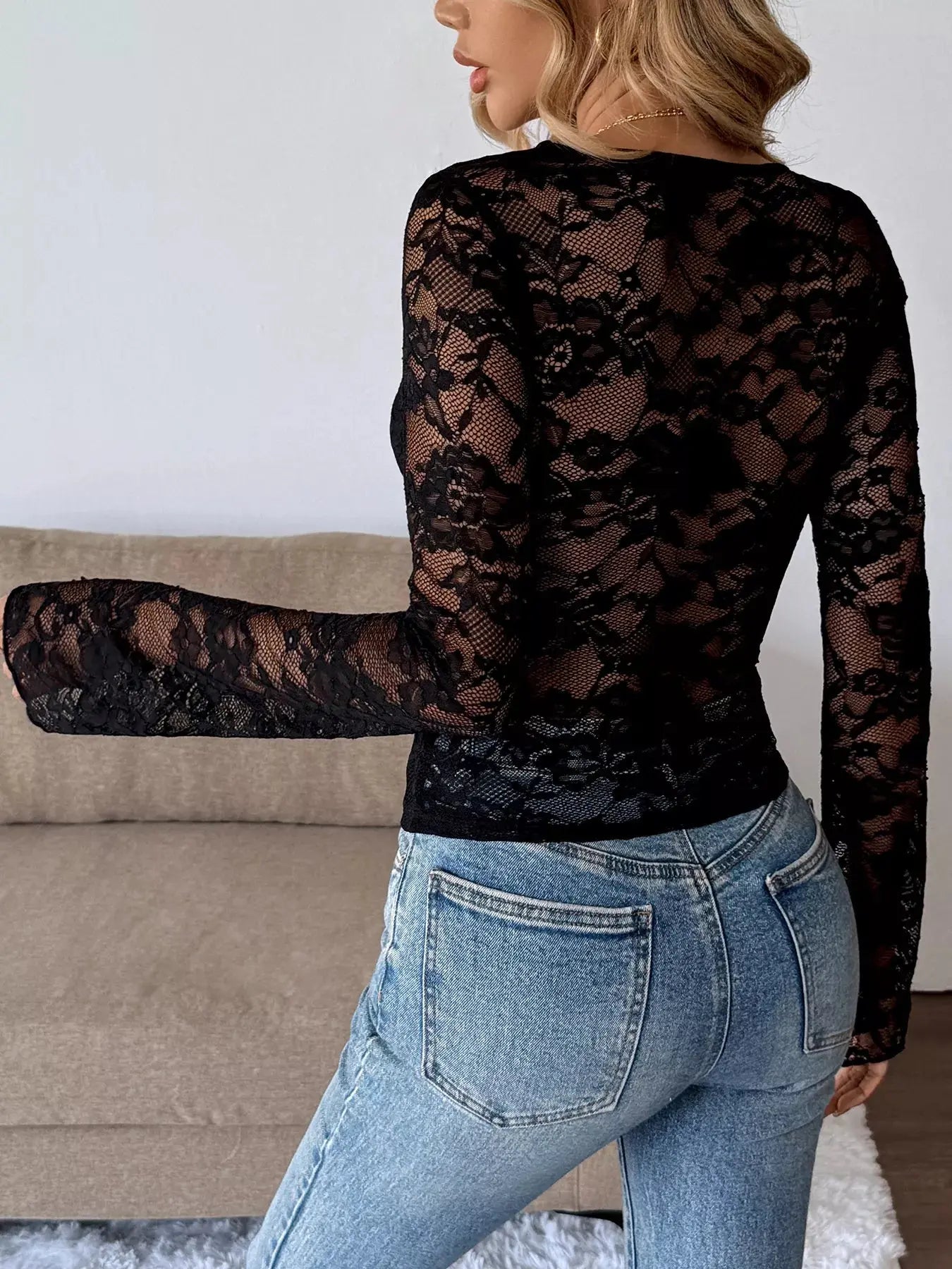 Lace V Neck Long Sleeve T Shirt