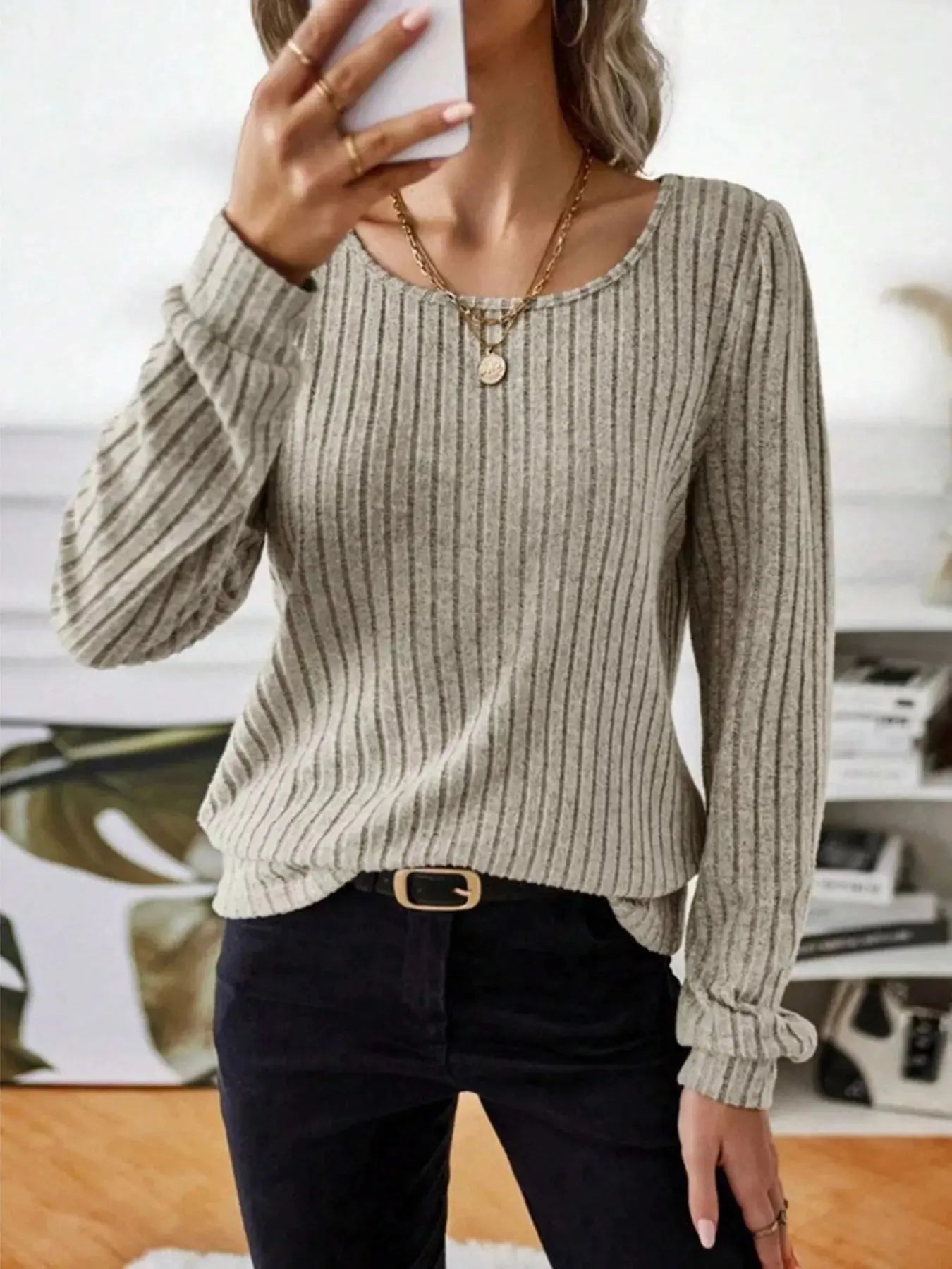 Ribbed Knit Long Sleeve T Shirt