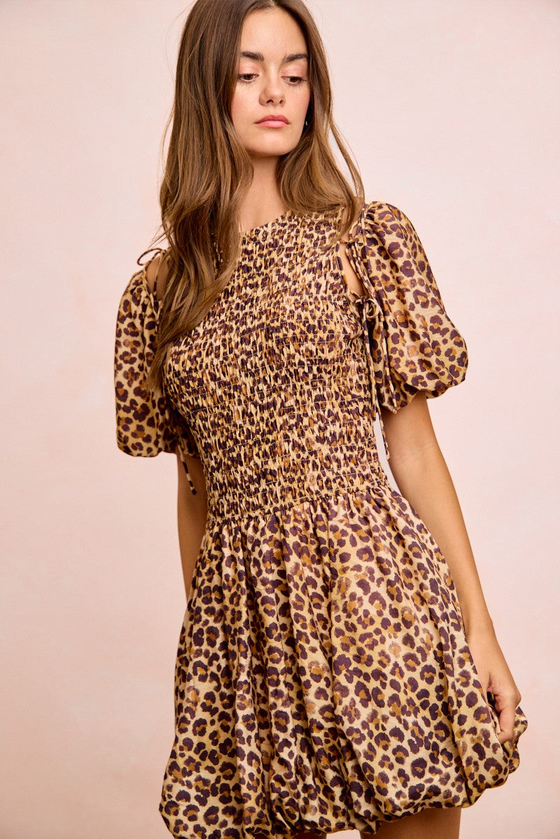 Leopard Print Dress With Attachable Puff Sleeves