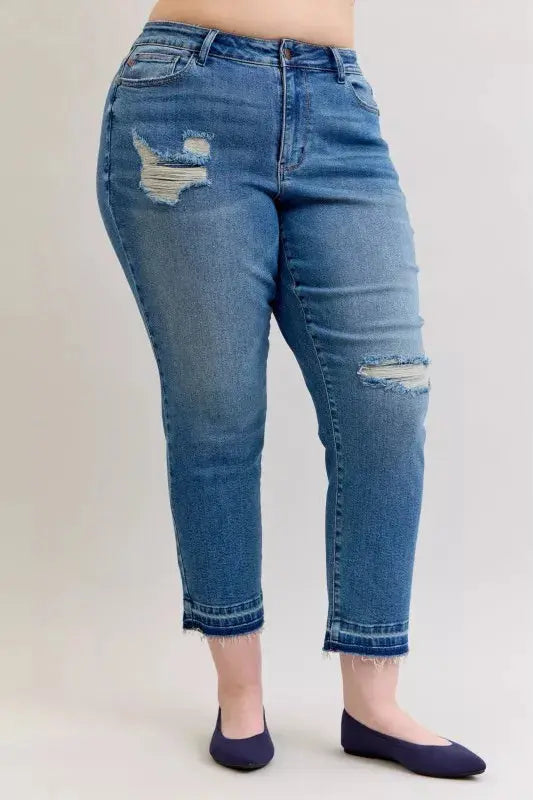Judy Blue Jeans - Plus Size Mid Rise Boyfriend Destroy Jeans with Release Hem