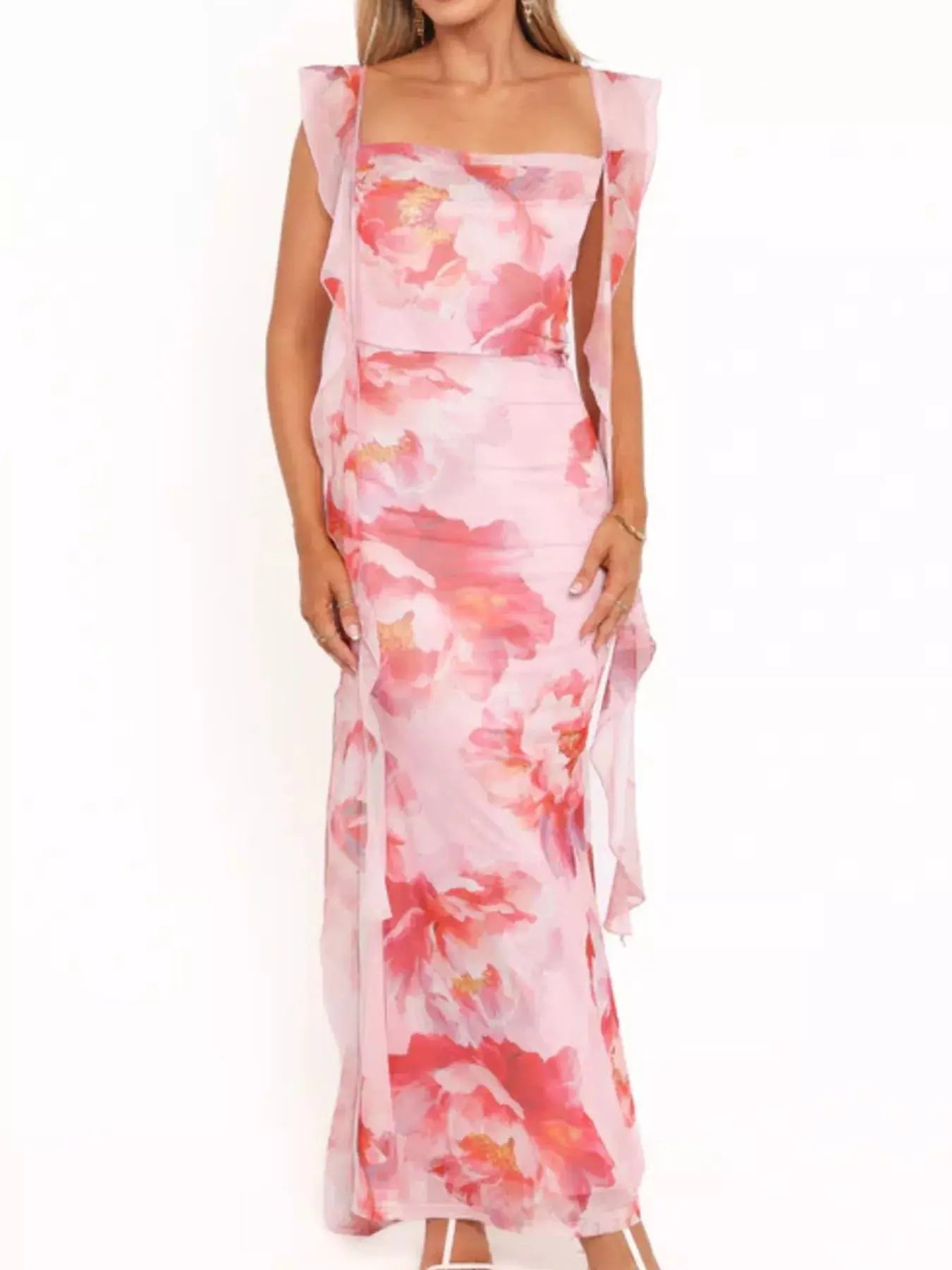 Floral Print Ruffle Trim Bodycon Maxi Dress