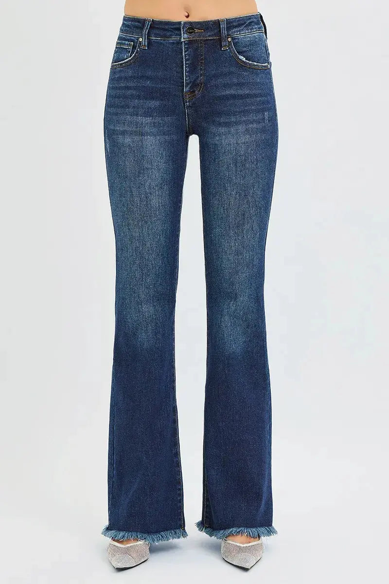 RISEN Jeans - Plus Size Tummy Control Mid Rise Flare Jeans with Raw Hem