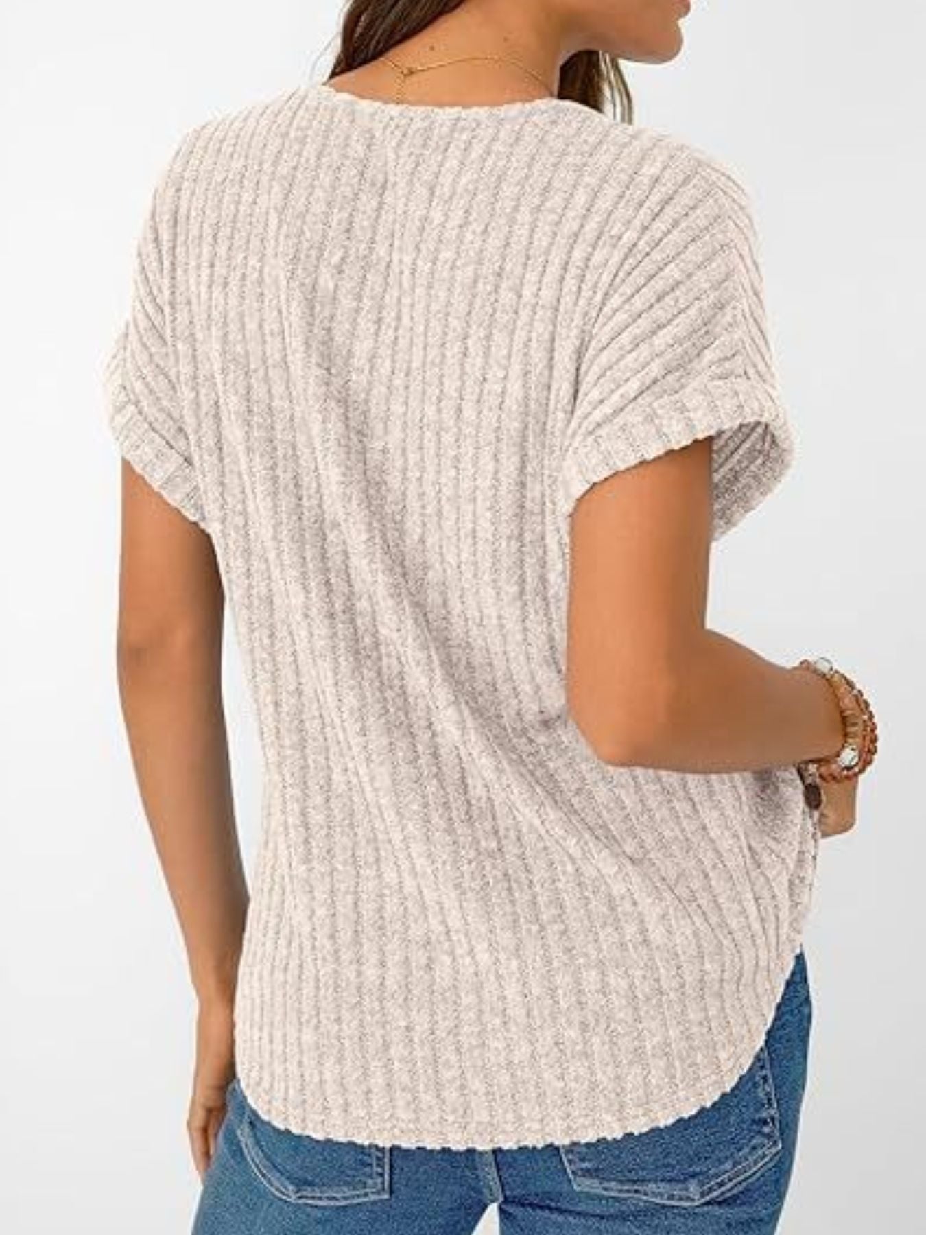 Ribbed Knit V Neck Relaxed Fit T Shirt