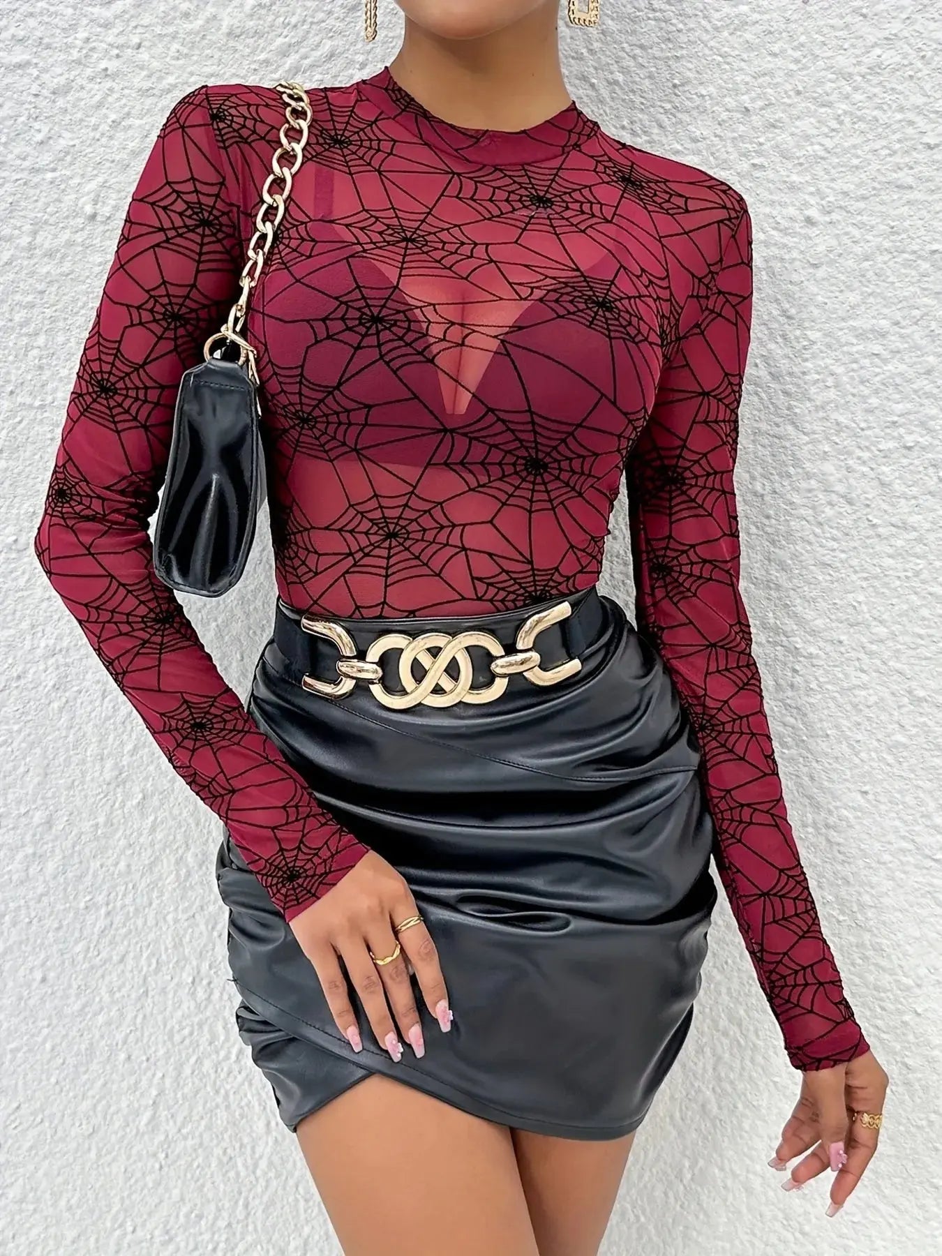 Spider Web Print Mesh Long Sleeve Blouse