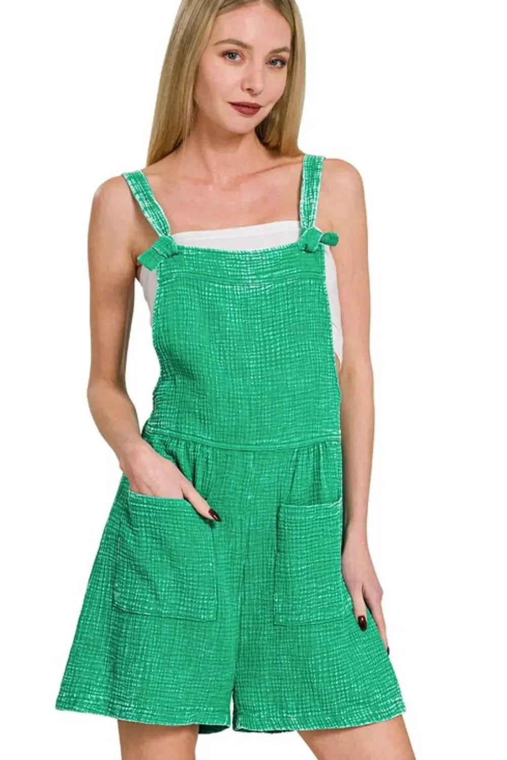 Zenana Woven Green Acid Washed Cotton Gauze Romper with Pockets