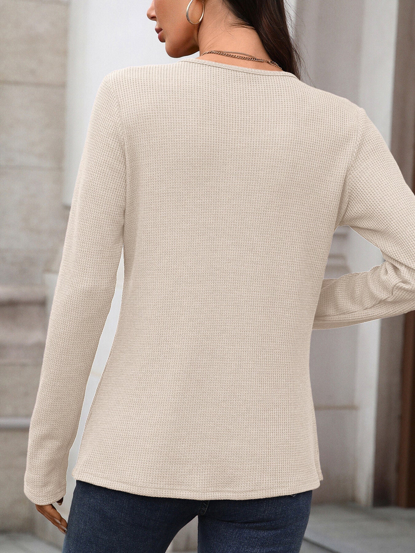 Women's Waffle Knit Long Sleeve Button Henley T Shirt