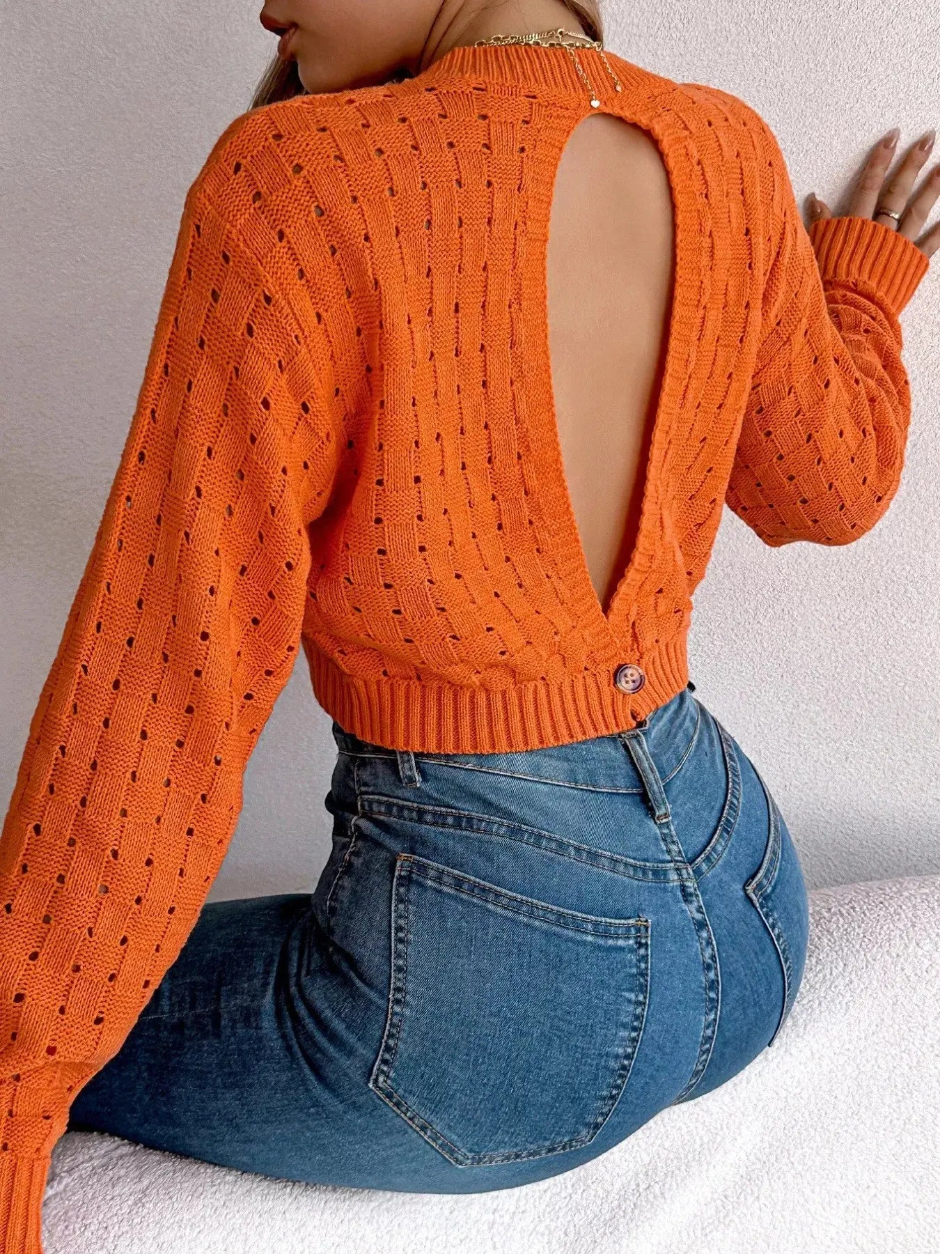 Round Neck Cutout Back Long Sleeve Openwork Sweater