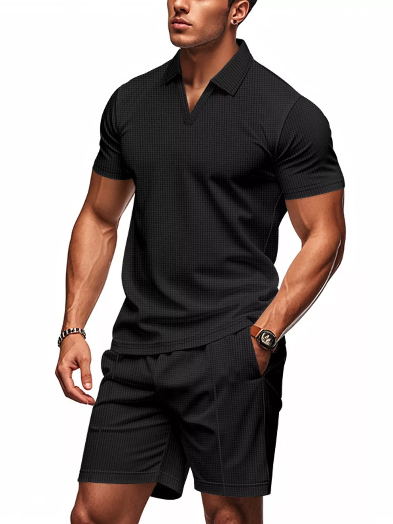 Men's Full Size Textured Short Sleeve Polo and Shorts Set Plus Size