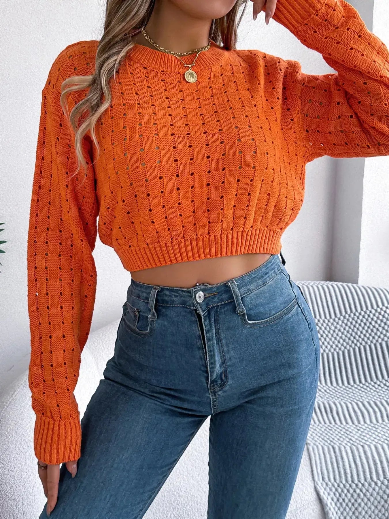 Round Neck Cutout Back Long Sleeve Openwork Sweater