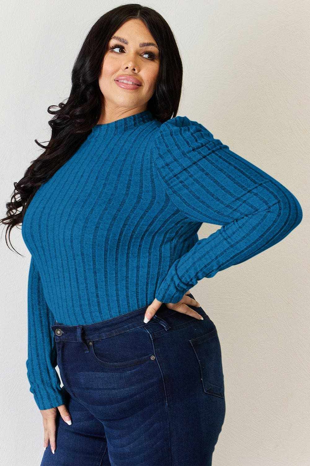 Women's Mock Neck Top Trendsi Women's Ribbed Mock Neck Puff Sleeve Top Long Sleeve