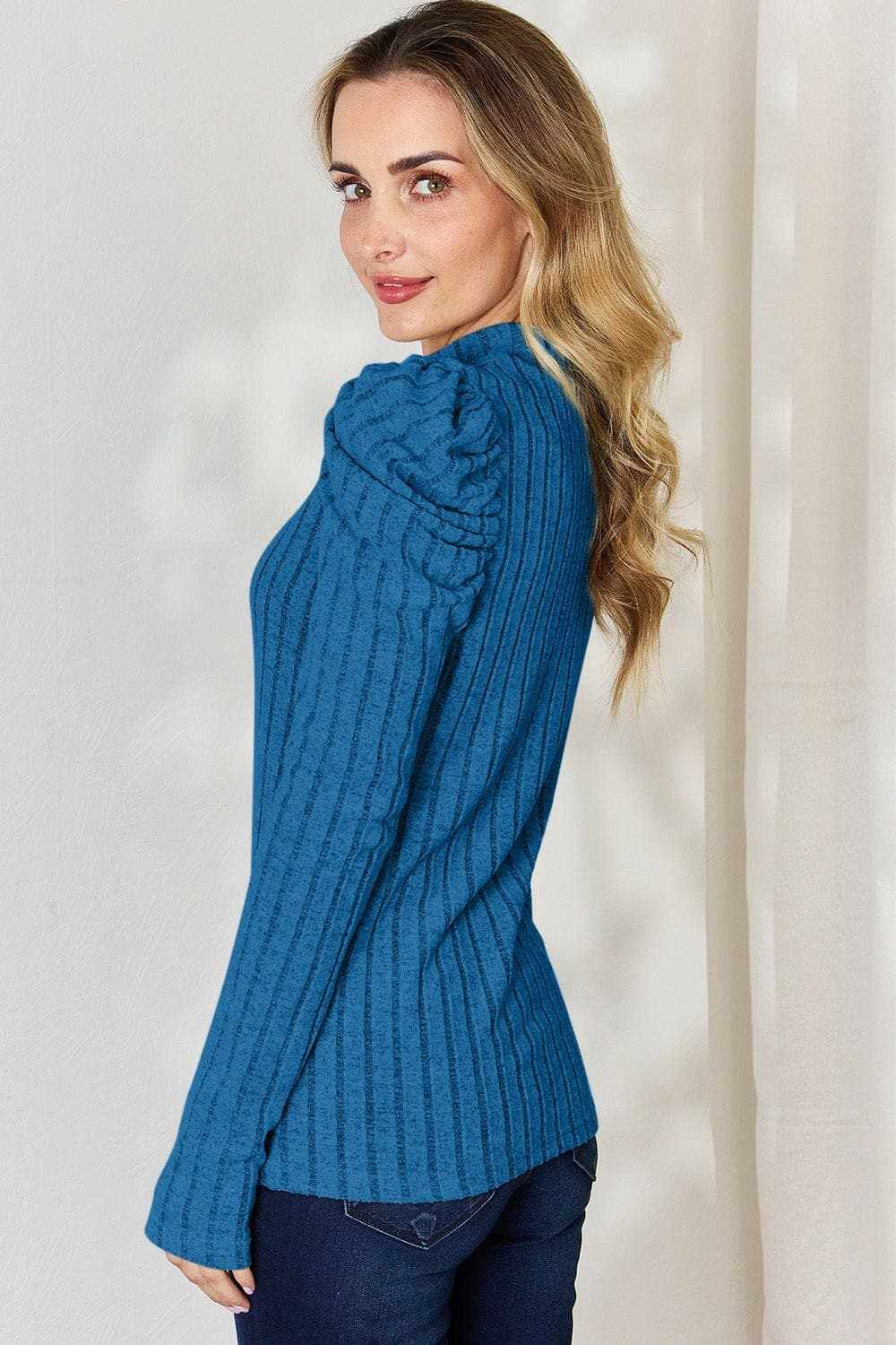 Women's Mock Neck Top Trendsi Women's Ribbed Mock Neck Puff Sleeve Top Long Sleeve