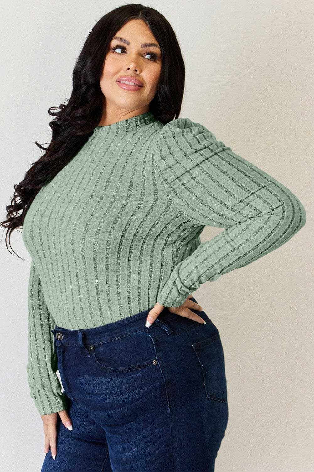 Women's Mock Neck Top Trendsi Women's Ribbed Mock Neck Puff Sleeve Top Long Sleeve
