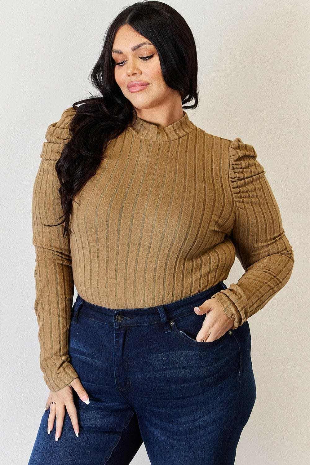 Women's Mock Neck Top Trendsi Women's Ribbed Mock Neck Puff Sleeve Top Long Sleeve