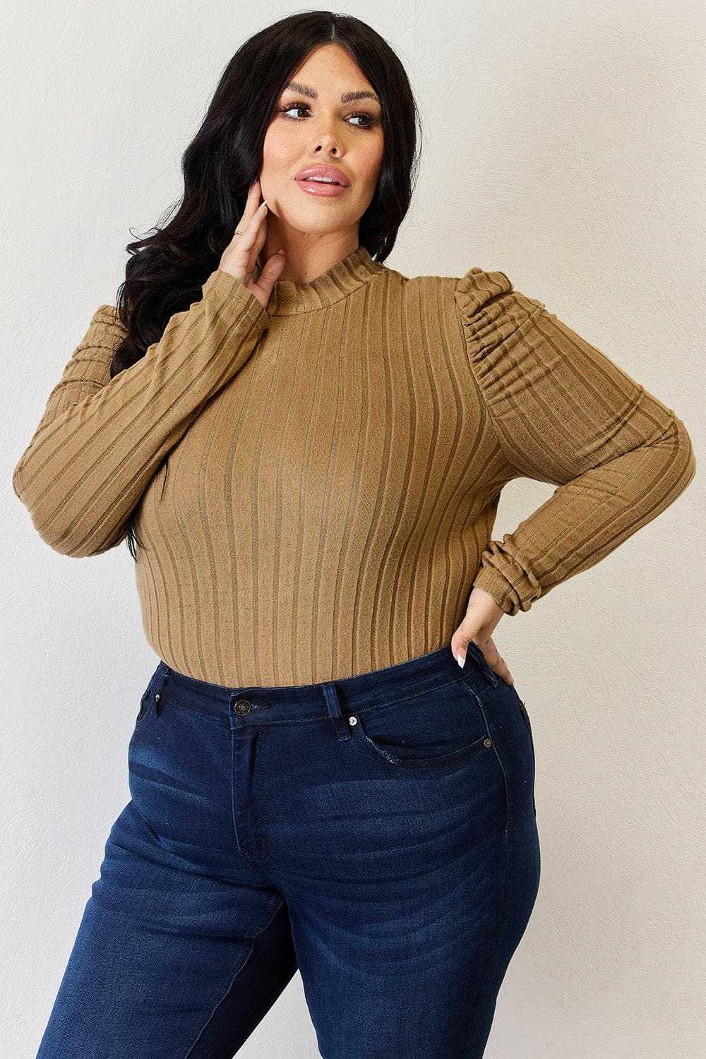 Women's Mock Neck Top Trendsi Women's Ribbed Mock Neck Puff Sleeve Top Long Sleeve