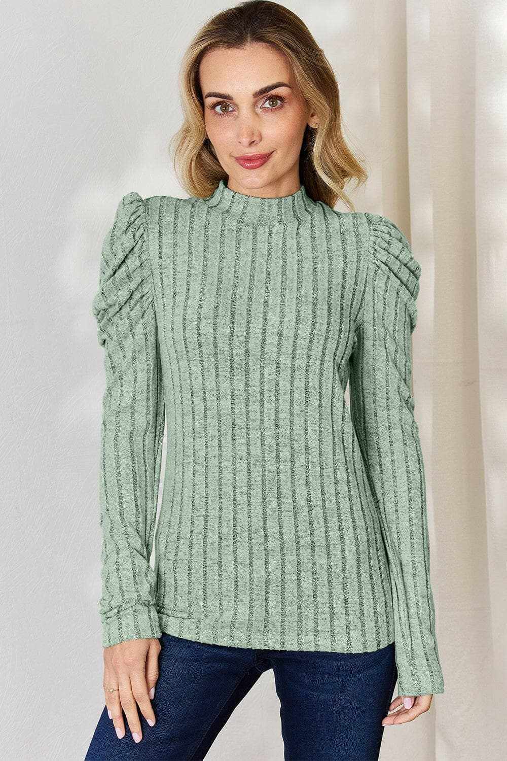 Women's Mock Neck Top Trendsi Women's Ribbed Mock Neck Puff Sleeve Top Long Sleeve