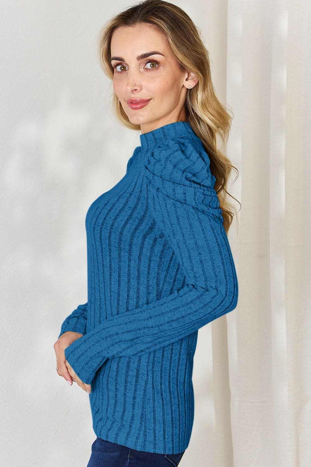 Women's Mock Neck Top Trendsi Women's Ribbed Mock Neck Puff Sleeve Top Long Sleeve